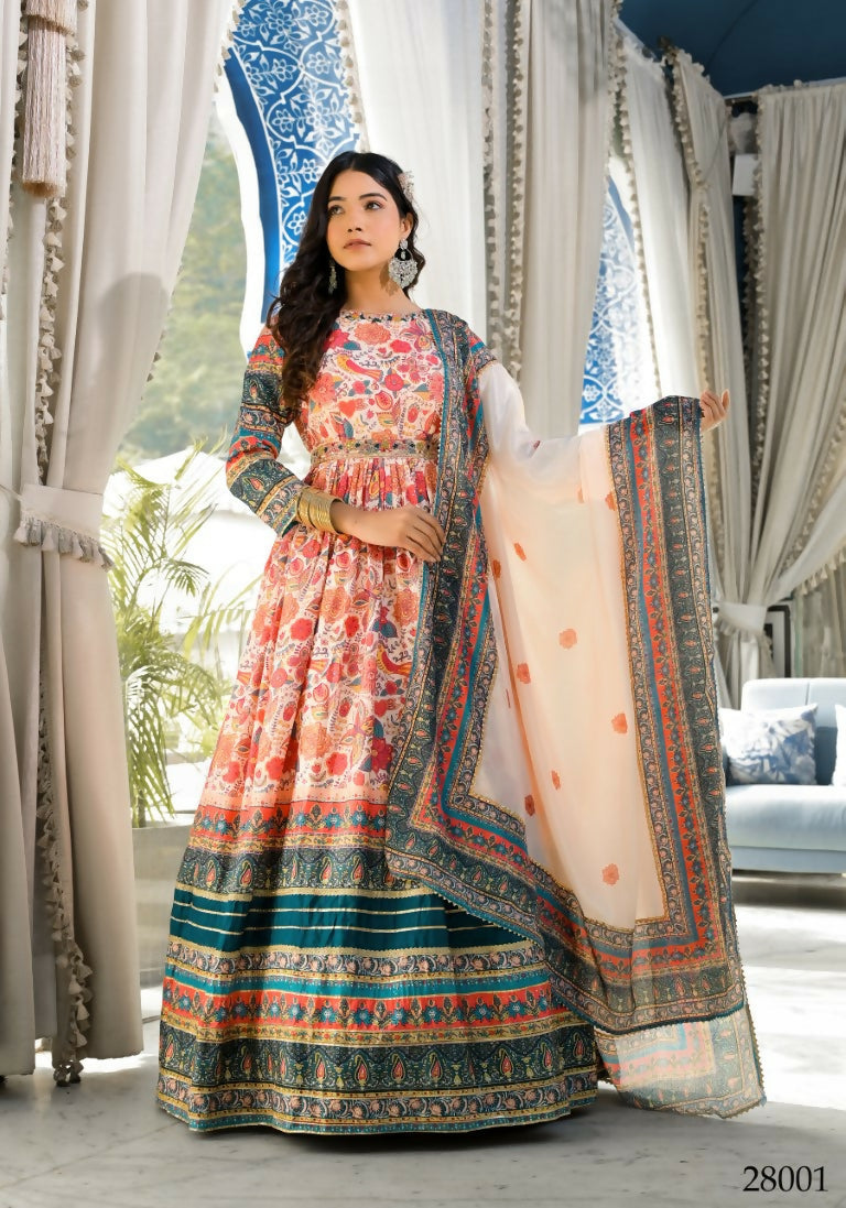 Wedding Designer Multi Soft Dola Silk Anarkali suit with Dupatta - Sanj
