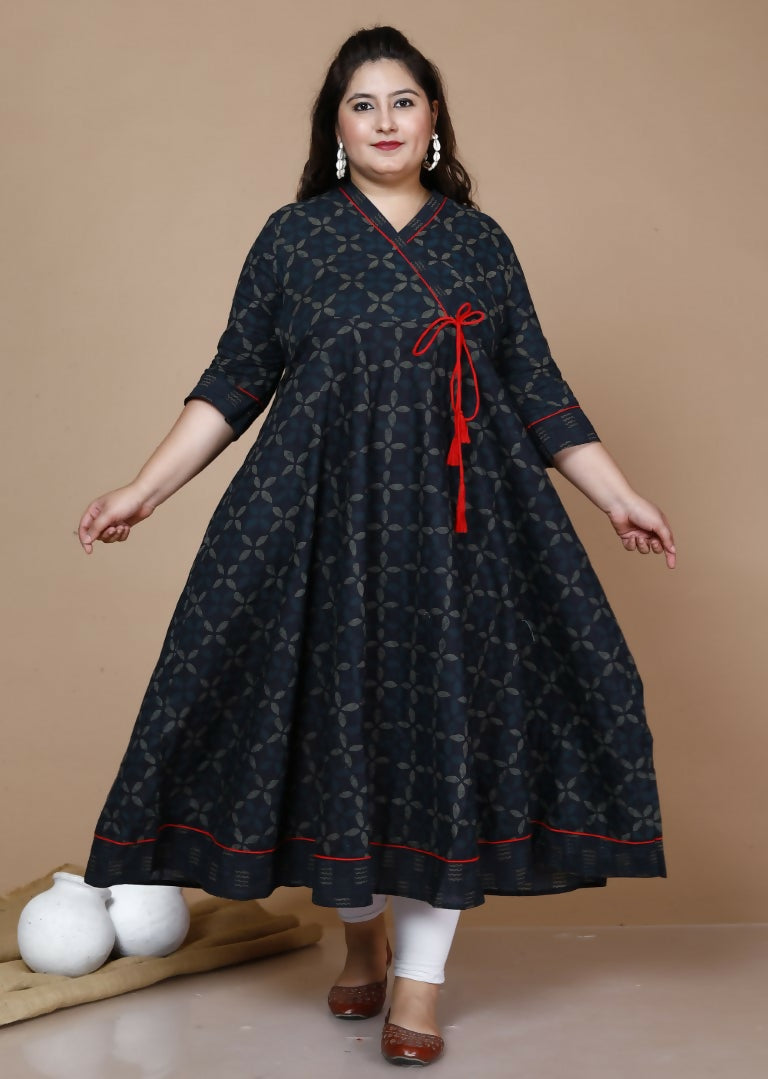 Miravan Women's Plus Size Navy Blue Printed Angrakha Kurta