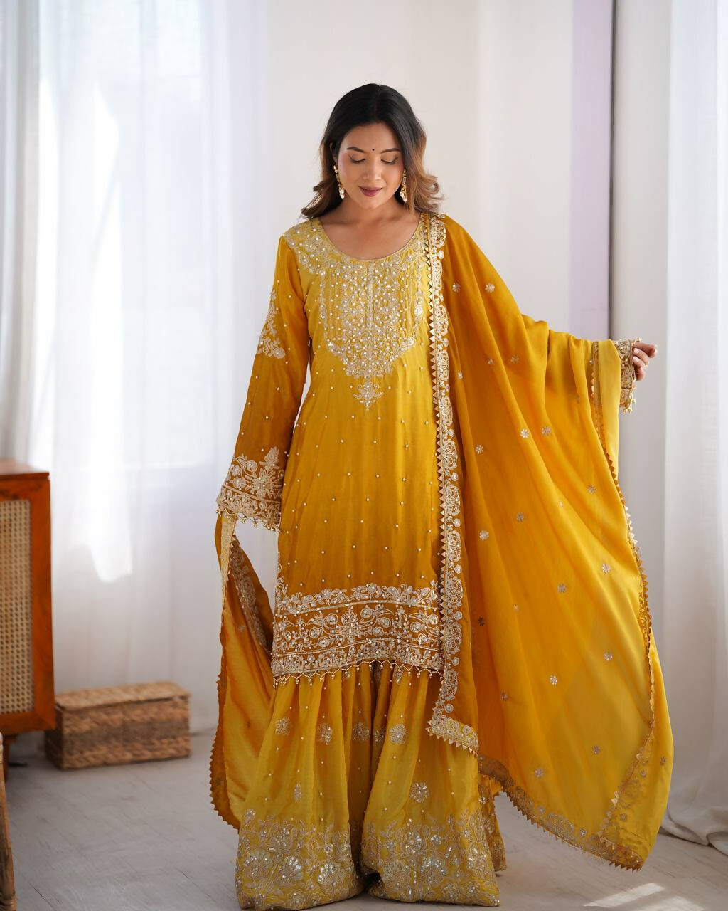 The52 Women's Beautiful Chinon silk Fabric Embroidery Work Straight Kurta Palazzo and Dupatta Set - Distacart