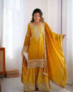 The52 Women's Beautiful Chinon silk Fabric Embroidery Work Straight Kurta Palazzo and Dupatta Set - Distacart