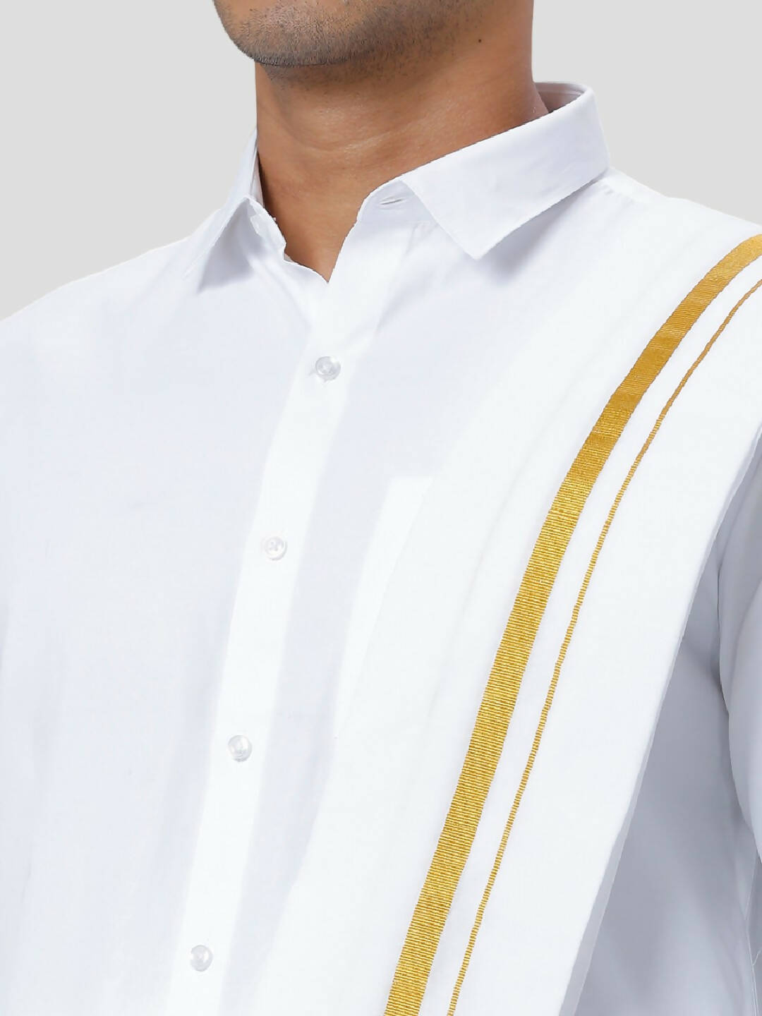 Ramraj Cotton Mens Poly Cotton 1" Gold Jari Dhoti With Towel Set - White