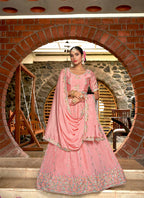 Pink Chinon Crushed Sequence and Thread Embroidery Work Lehenga Choli with Dupatta - Viharini