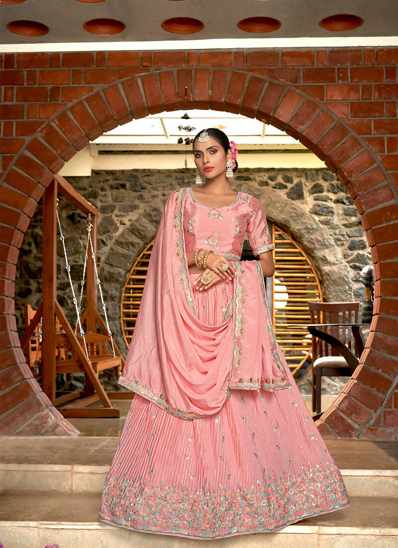 Pink Chinon Crushed Sequence and Thread Embroidery Work Lehenga Choli with Dupatta - Viharini
