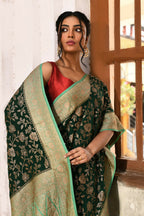 Joban Fashion Emerald Green Crepe Chiffon Pure Handloom Banarasi Silk Saree
