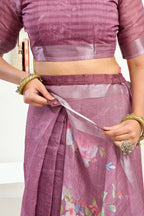 Joban Fashion Dusty Wine Floral & Striped Linen Ready To Wear Saree With Unstitched Blouse - Distacart