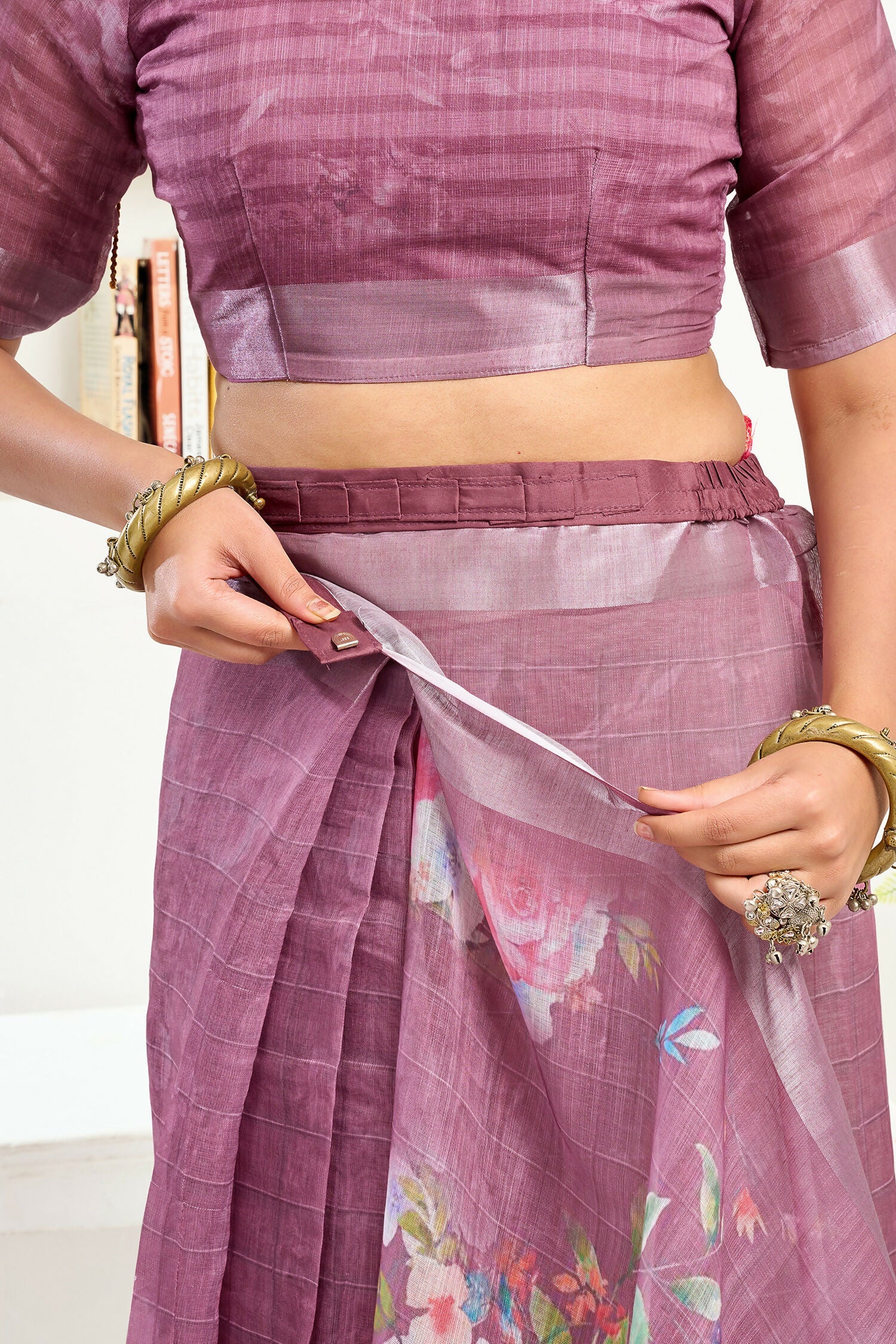 Joban Fashion Dusty Wine Floral & Striped Linen Ready To Wear Saree With Unstitched Blouse - Distacart