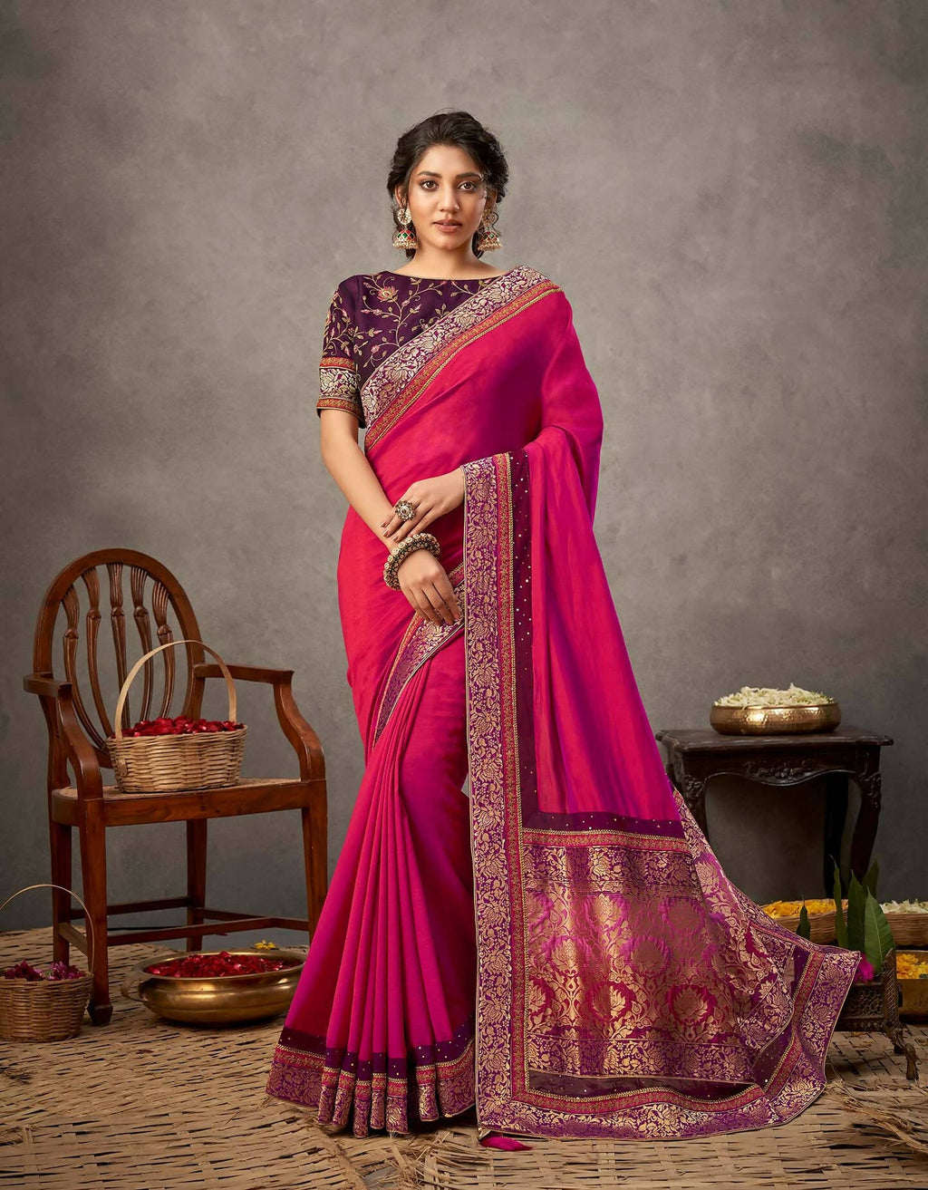 Pinkish-Purple Dual Tone Silk Georgette Thread, Zari And Cord Embroidery, Handwork Butta Saree - Norita Arinya