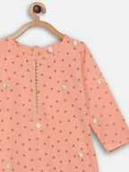 Ahalyaa Peach Crepe Gold Printed Kids Kurta Sets With Dupatta For Girls
