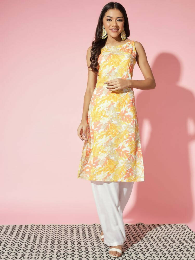 Myshka Women Multi Floral Cotton Straight Round Neck Kurtas - Distacart