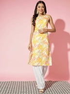 Myshka Women Multi Floral Cotton Straight Round Neck Kurtas - Distacart