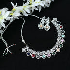 Mominos Fashion Johar Kamal Women Silver-Plated American Diamond Multi Colour Choker Set - Distacart