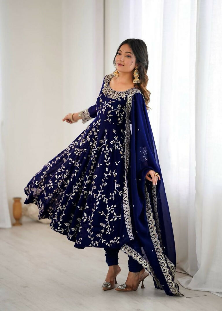 Teeya Creation Blue Color Heavy Faux Georgette Embroidery Work Gown - Distacart