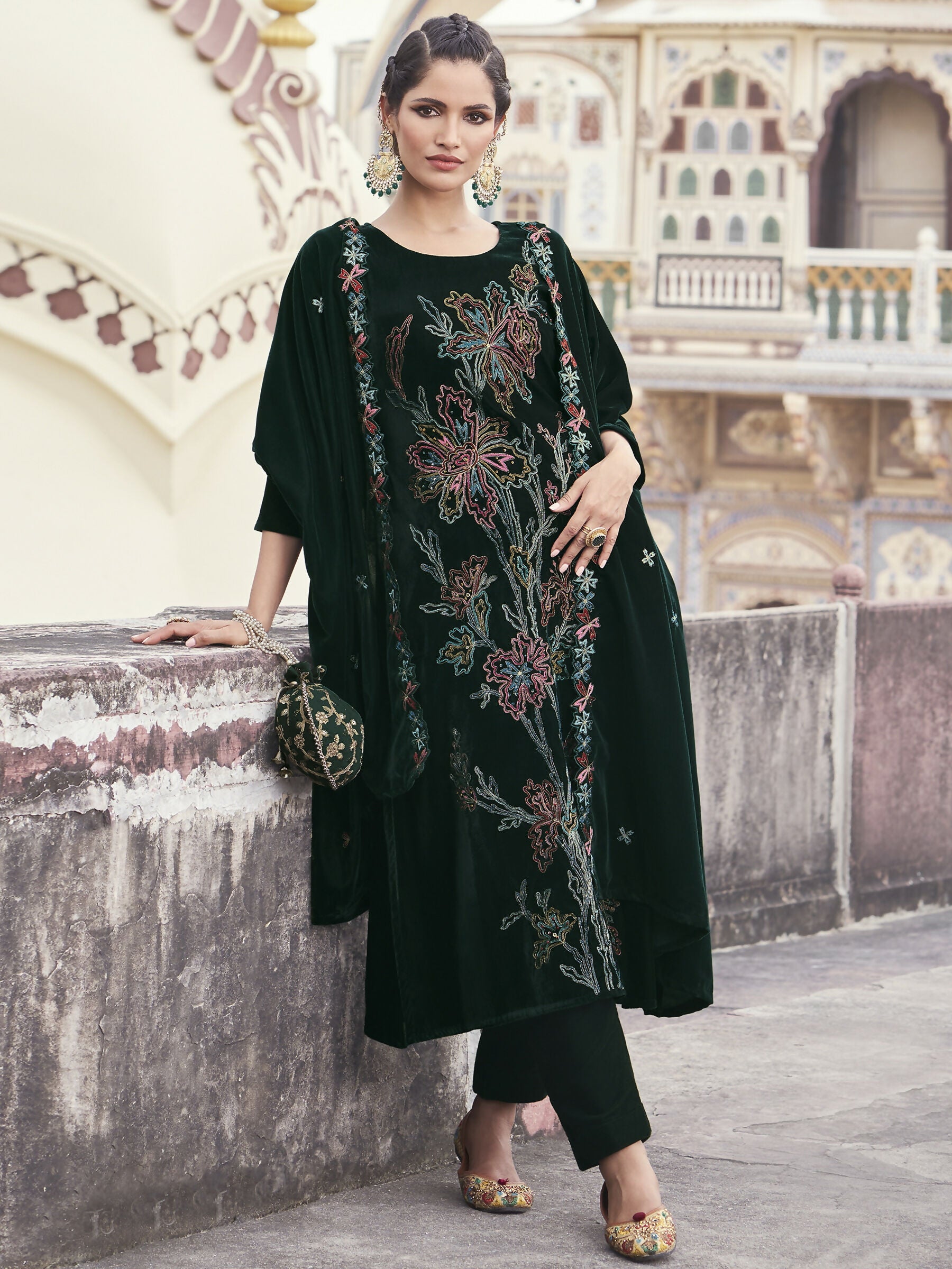 Jyoti Fashion Women's Green Velvet Resham Thread with Jari & Sequin Kurta with Trouser & Dupatta