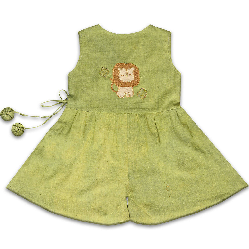 Mhyssa Green V Neck Short Jumpsuit With Front Overlap Tie-Up For Kids