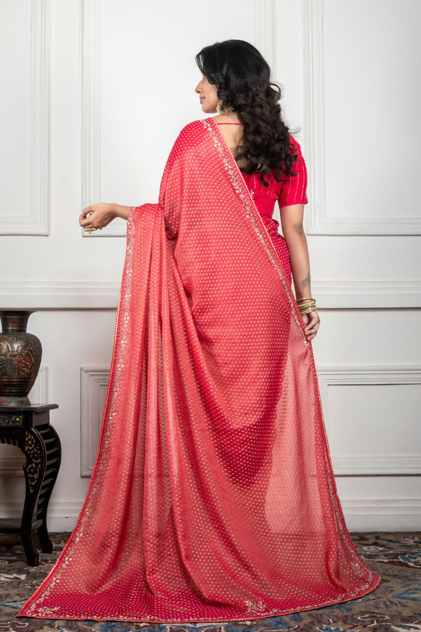 Morchari Pink Pure Chiffon Hand Embroidery Saree And Stitched Blouse - Distacart