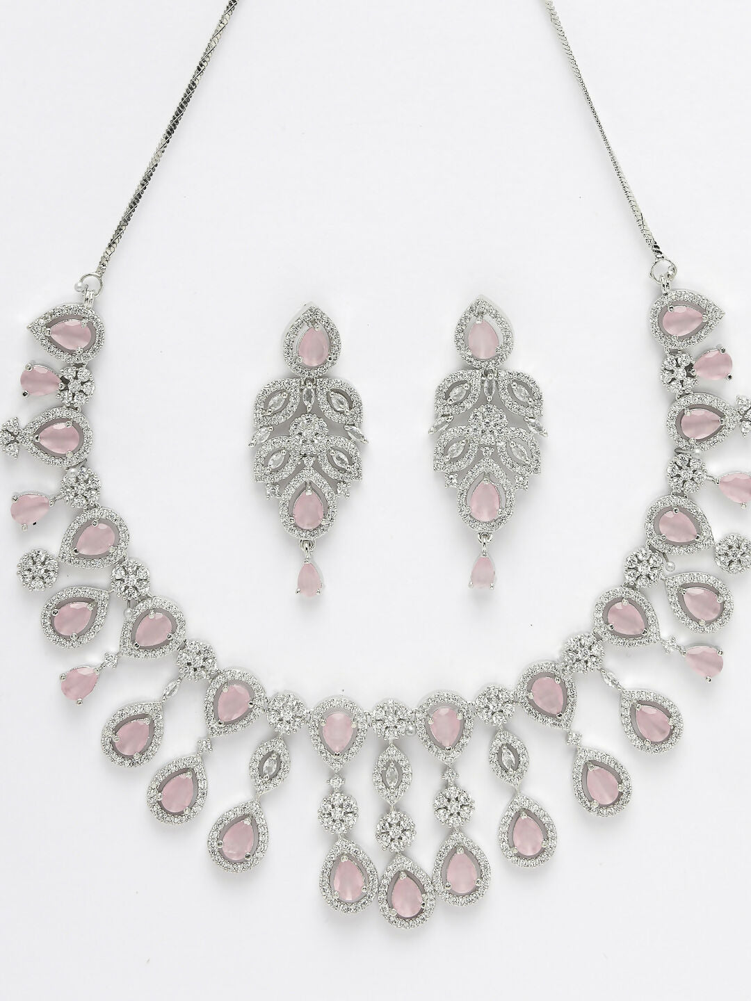 NVR Women's silver plated & Pink CZ stone handcrafted jewellery set