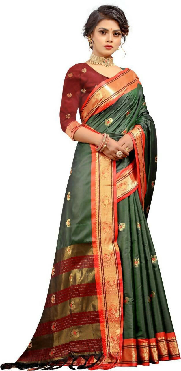 DEIANA'S Beautiful Designer Golden zari Soft Lichi Silk Saree - Green