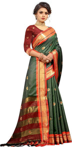 DEIANA'S Beautiful Designer Golden zari Soft Lichi Silk Saree - Green