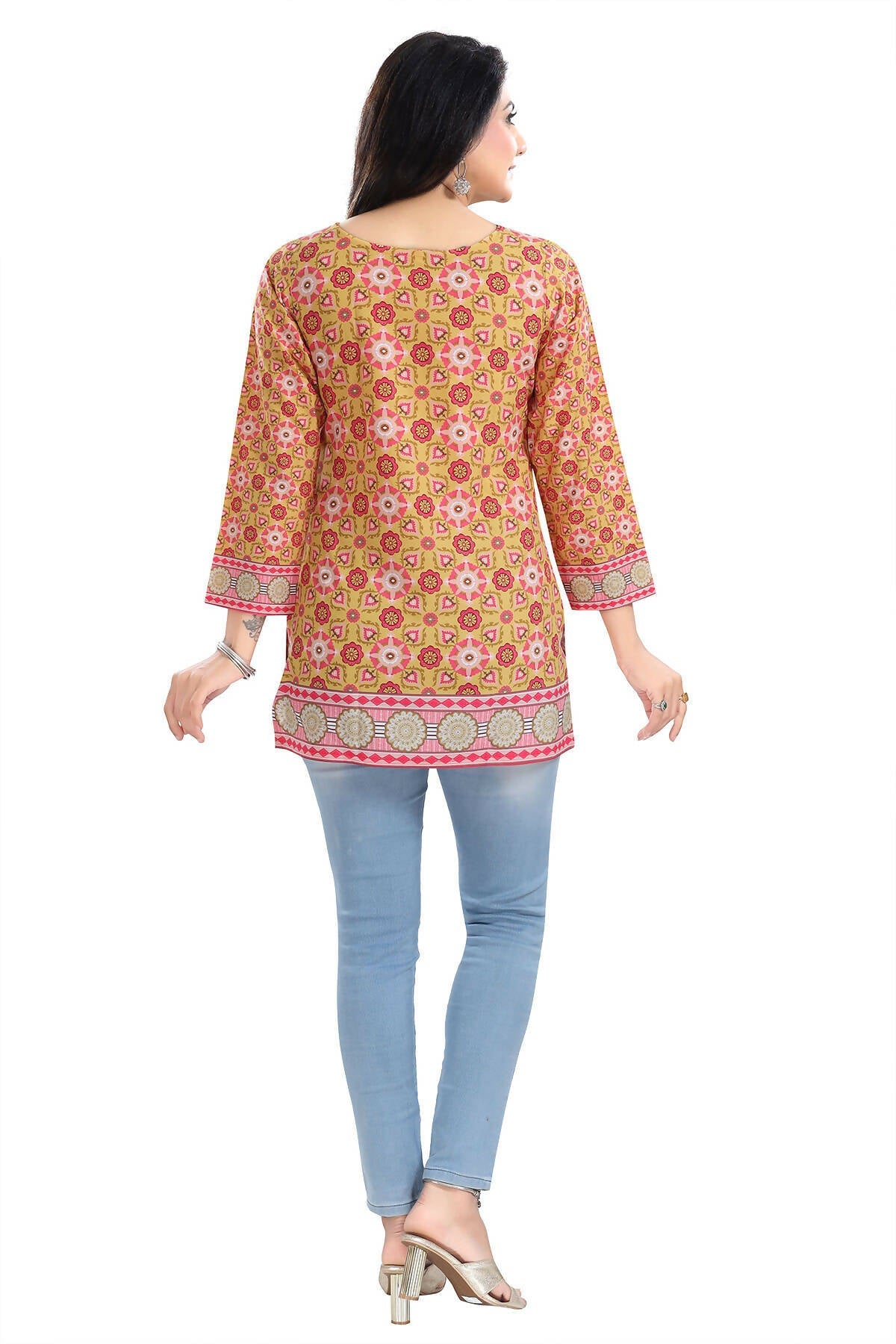 Snehal Creations Yellow Faux Crepe Short Kurti Tunic Top - Distacart