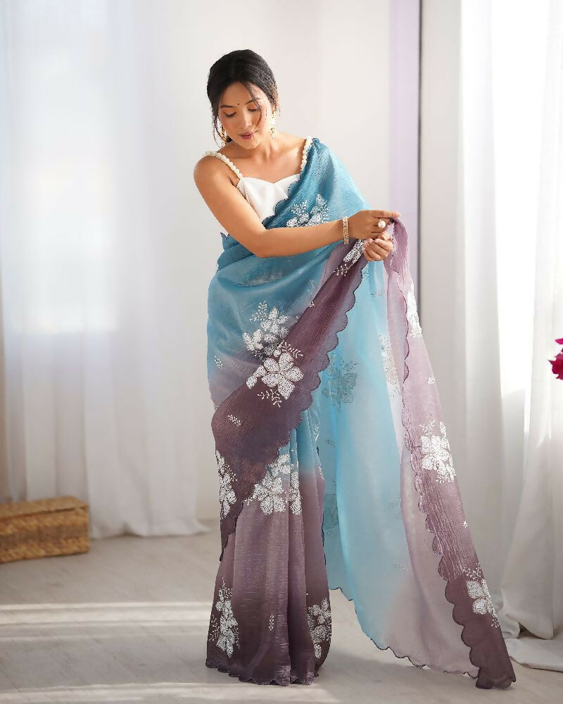 Sky Blue and Grey Crunchy Crush Pedding Color Embroidery Work Party Wear Saree - Zuleika