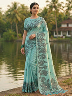 Shree Shyam Fashion Sea Green Linen Cotton Saree - Distacart