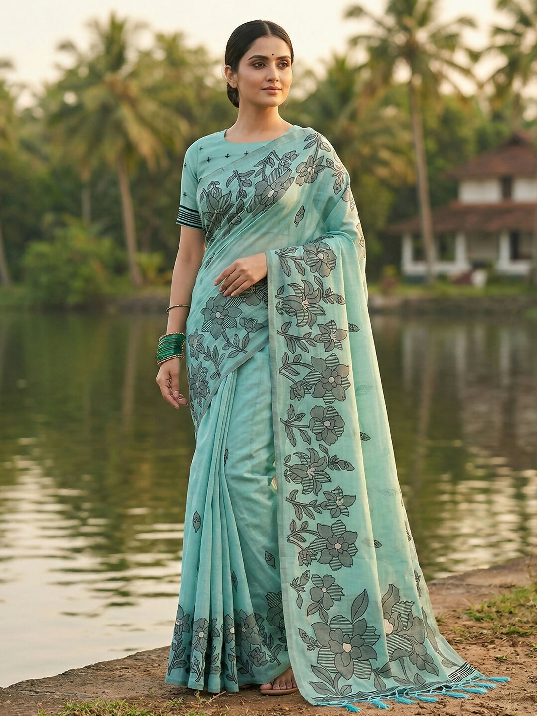 Shree Shyam Fashion Sea Green Linen Cotton Saree - Distacart