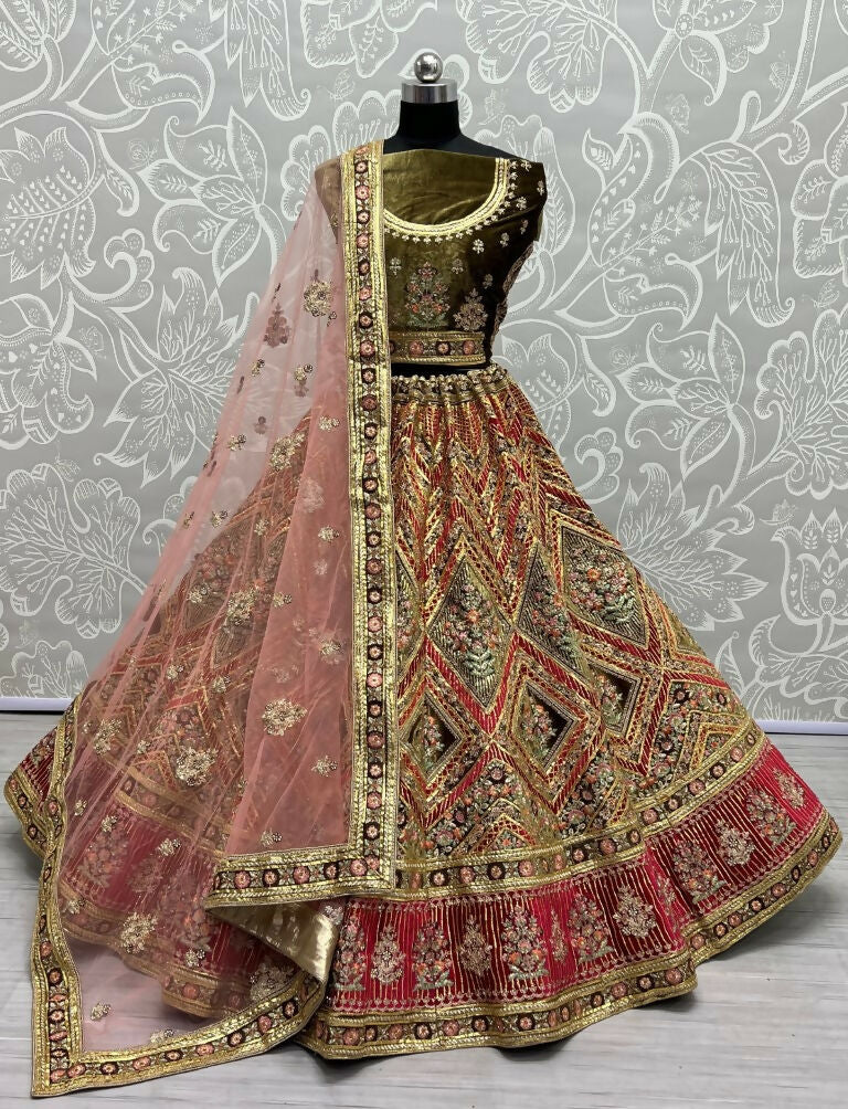 Jyoti Fashion Women's Pista Green Velvet Golden Gotta, Multi Thread Embroidered with Diamond Work Wedding Lehenga Choli