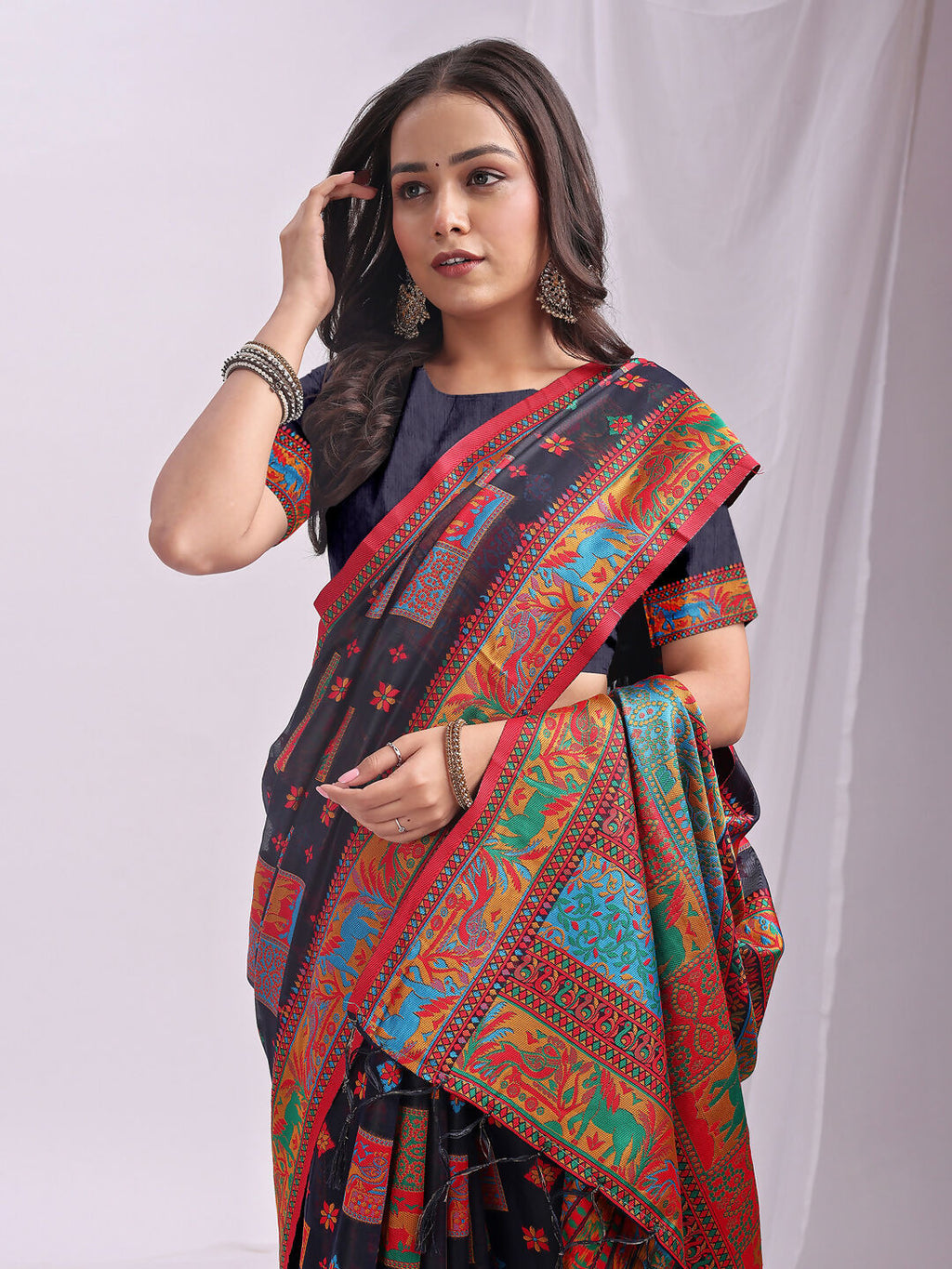 Shree Shyam Fashion Vastraloom Navy Blue Linen Cotton Saree