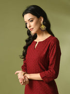 Myshka Women's Maroon Embroidered Cotton Straight Party Kurta Set