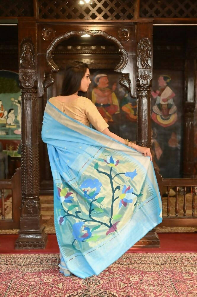 Very Much Indian Handloom Pure Cotton Paithani Peacock Pallu-Sky Blue - Distacart
