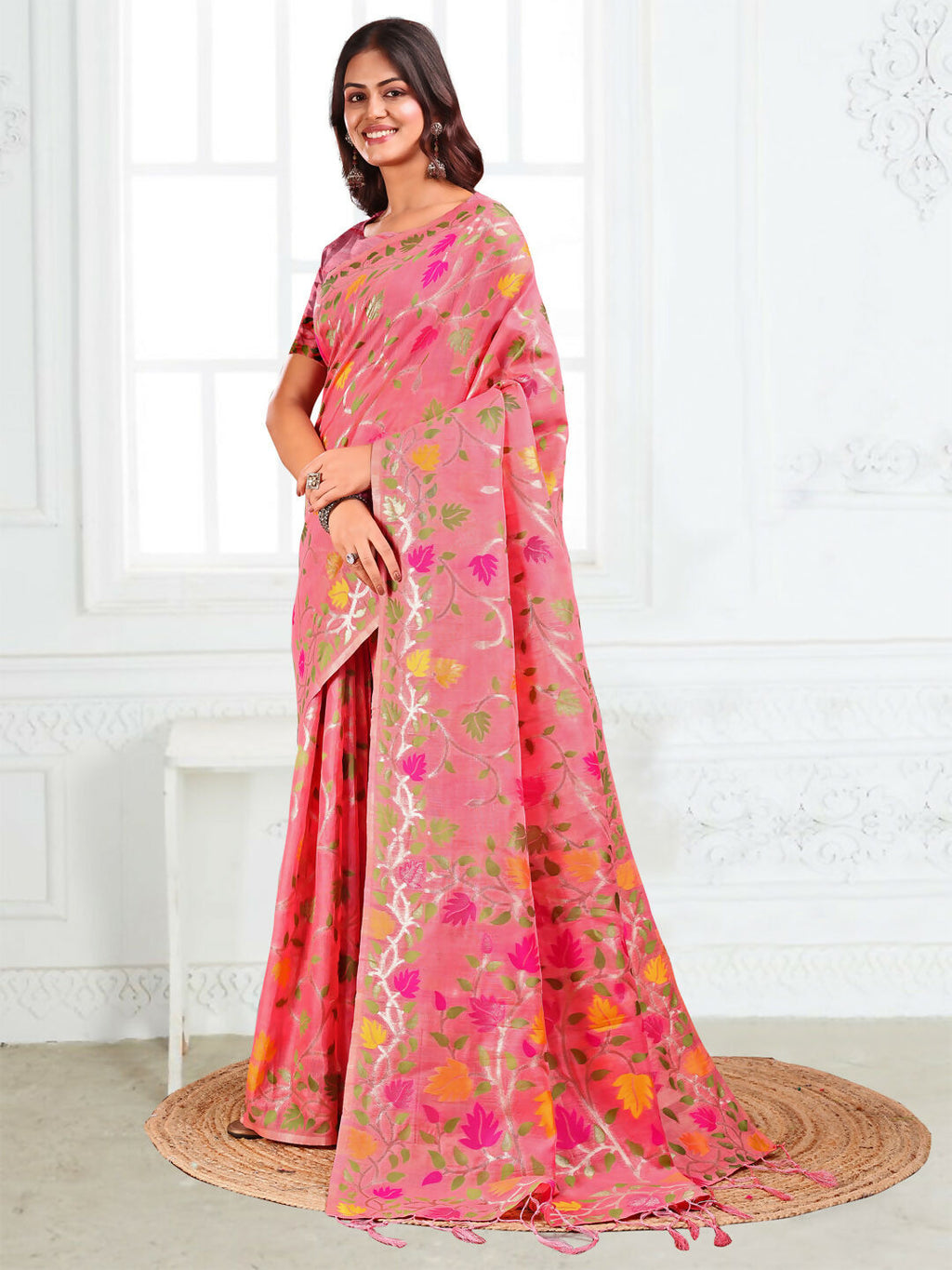 Shree Shyam Fashion Linen Cotton Pink Saree - Distacart