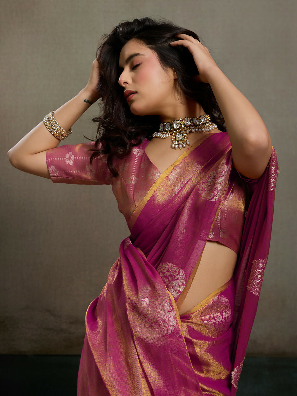 Shree Shyam Fashion Magenta Tissue Silk Saree - Distacart