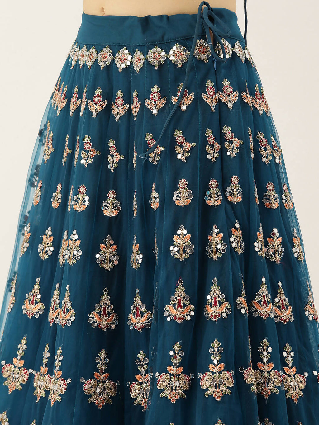 House of Panchhi Teal Net Semi stitched Mirror and Coding Work Lehenga Choli
