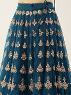 House of Panchhi Teal Net Semi stitched Mirror and Coding Work Lehenga Choli