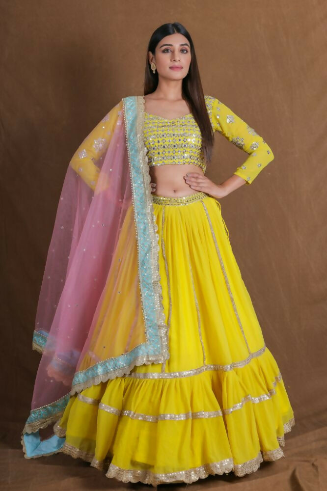 Yellow Georgette Zari Sequence Embroidery With Foil Mirror Work Lehenga Choli - Jihu Culture