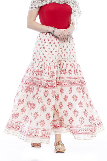 Mominos Fashion Cotton Block Print With Lace Work Off White Red Color Prints Palazzo