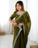 Joban Fashion Tissue Silk Olive Green Color Embroidery Saree - Distacart