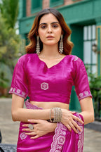 Vastranavya Pink Embroidery Work Shimmer Chiffon Saree with Unstitched Blouse - Distacart