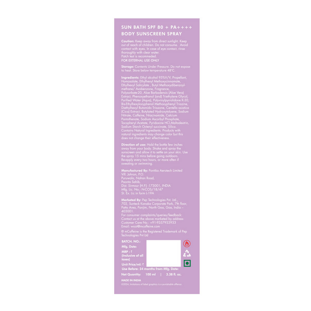 mCaffeine Sun Bath SPF 80+ PA ++++ Body Sunscreen Spray