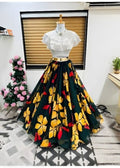 Dishitha Creation Floral Printed Stitched Lehenga & Crop Top - White & Black