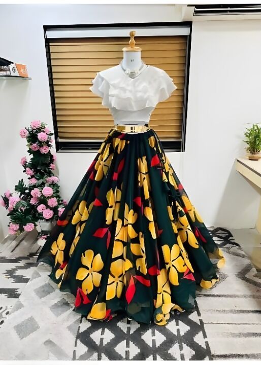 Dishitha Creation Floral Printed Stitched Lehenga & Crop Top - White & Black