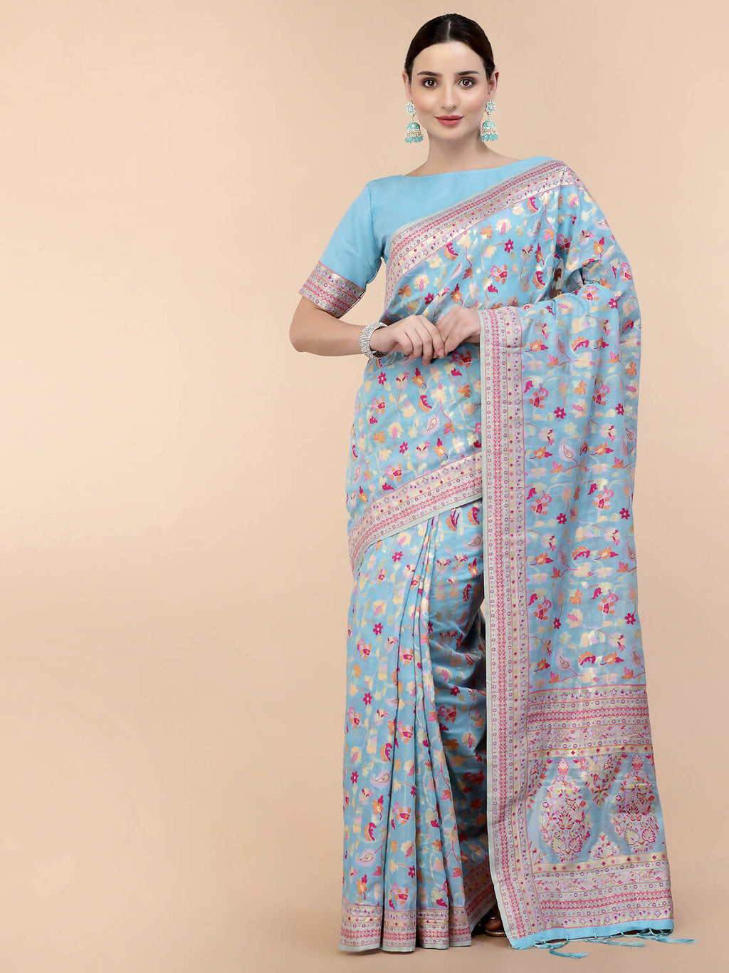 Blue Silk Blend Woven Design Saree With Unstitched Blouse Piece - Aloki