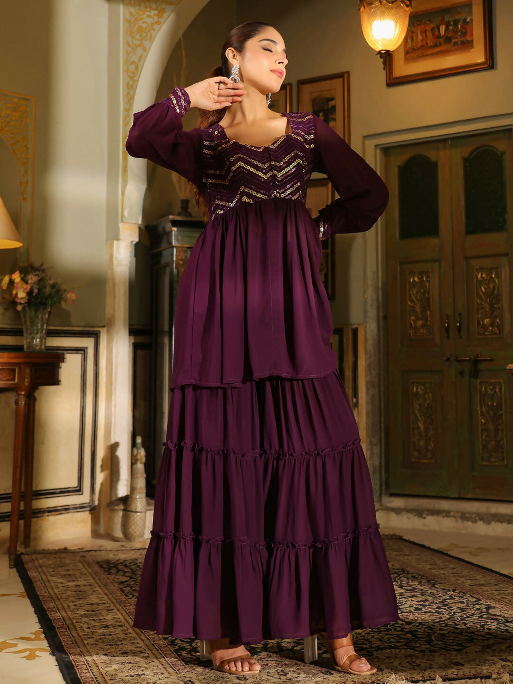 Janasya Purple Georgette Sequined Tunic & Bottom