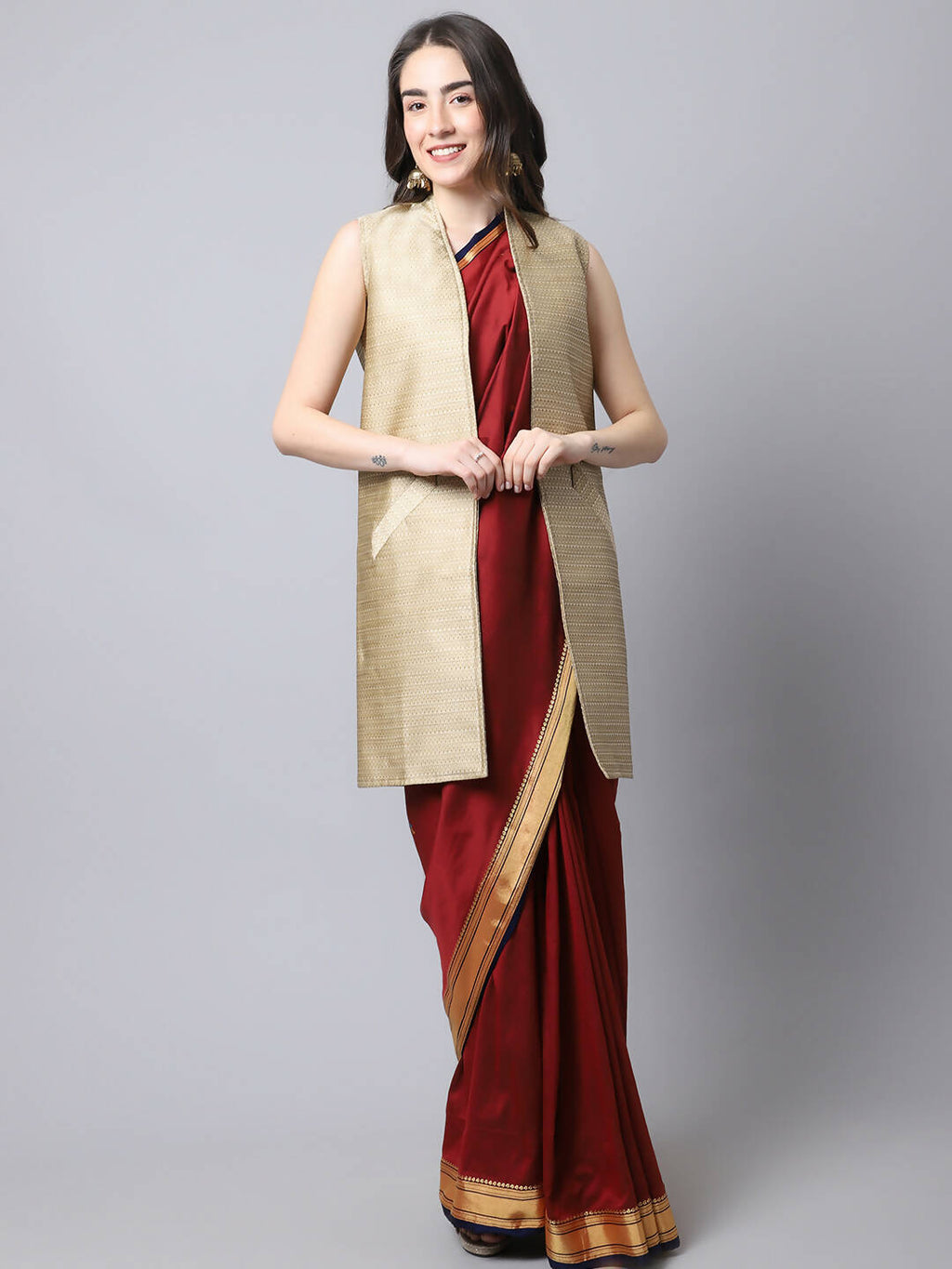 Even Apparels Beige Bansari Silk Open Front Women's Long Coat - Distacart