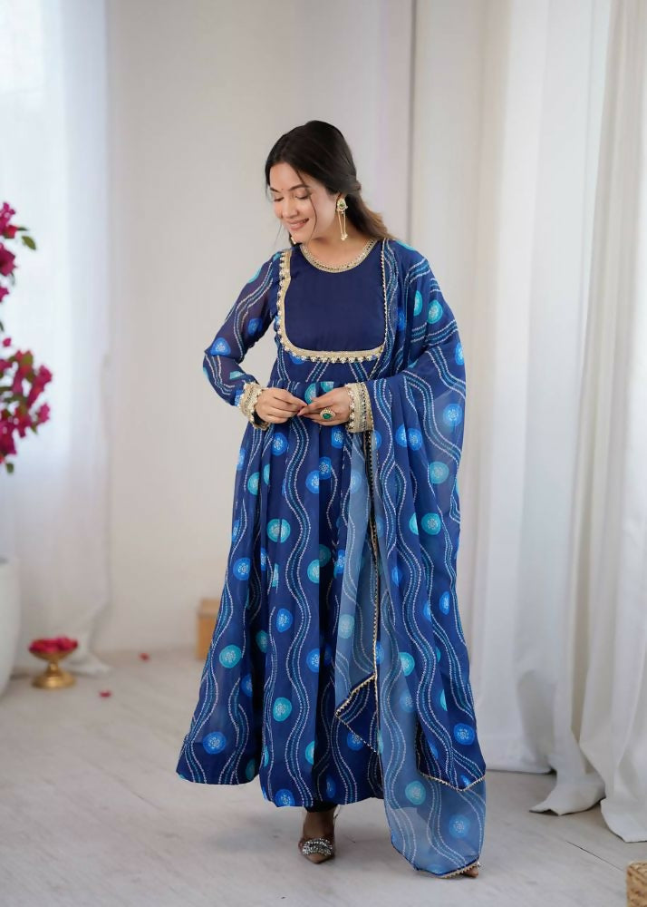 Teeya Creation Blue Faux Georgette Party Wear Digital Print Long Gown - Distacart