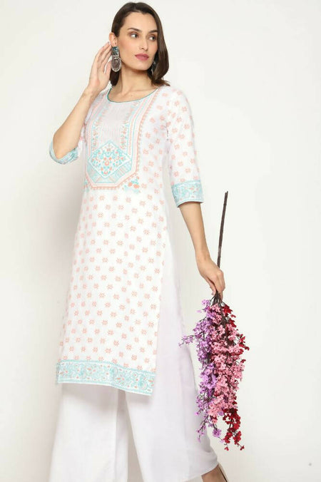 Maai Rayon Hand Printed Kurta Off-White