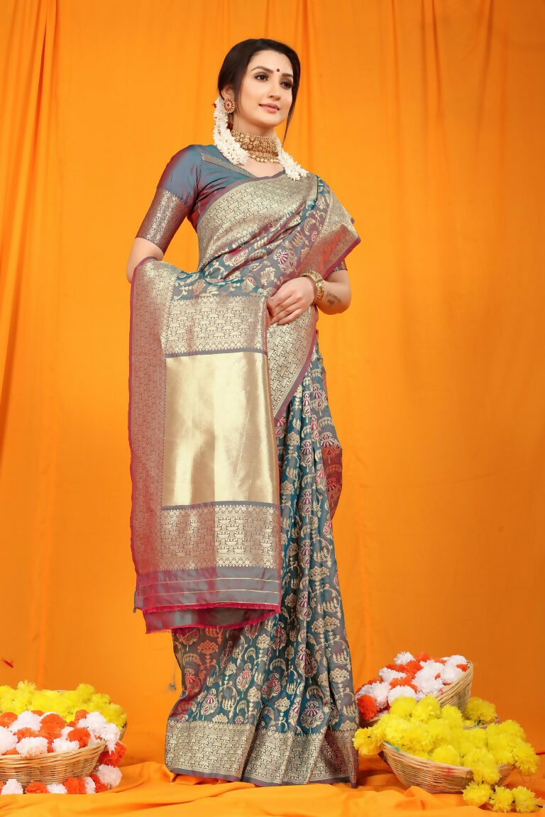 Jyoti Fashion Women's Grey Kanjivaram Silk Zari Woven Saree with Blouse - Distacart