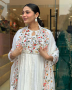 The52 White Women's Gorgeous Embroidered Viscose Chiffon Fabric Pleated Kurta Pant with Dupatta Set - Distacart