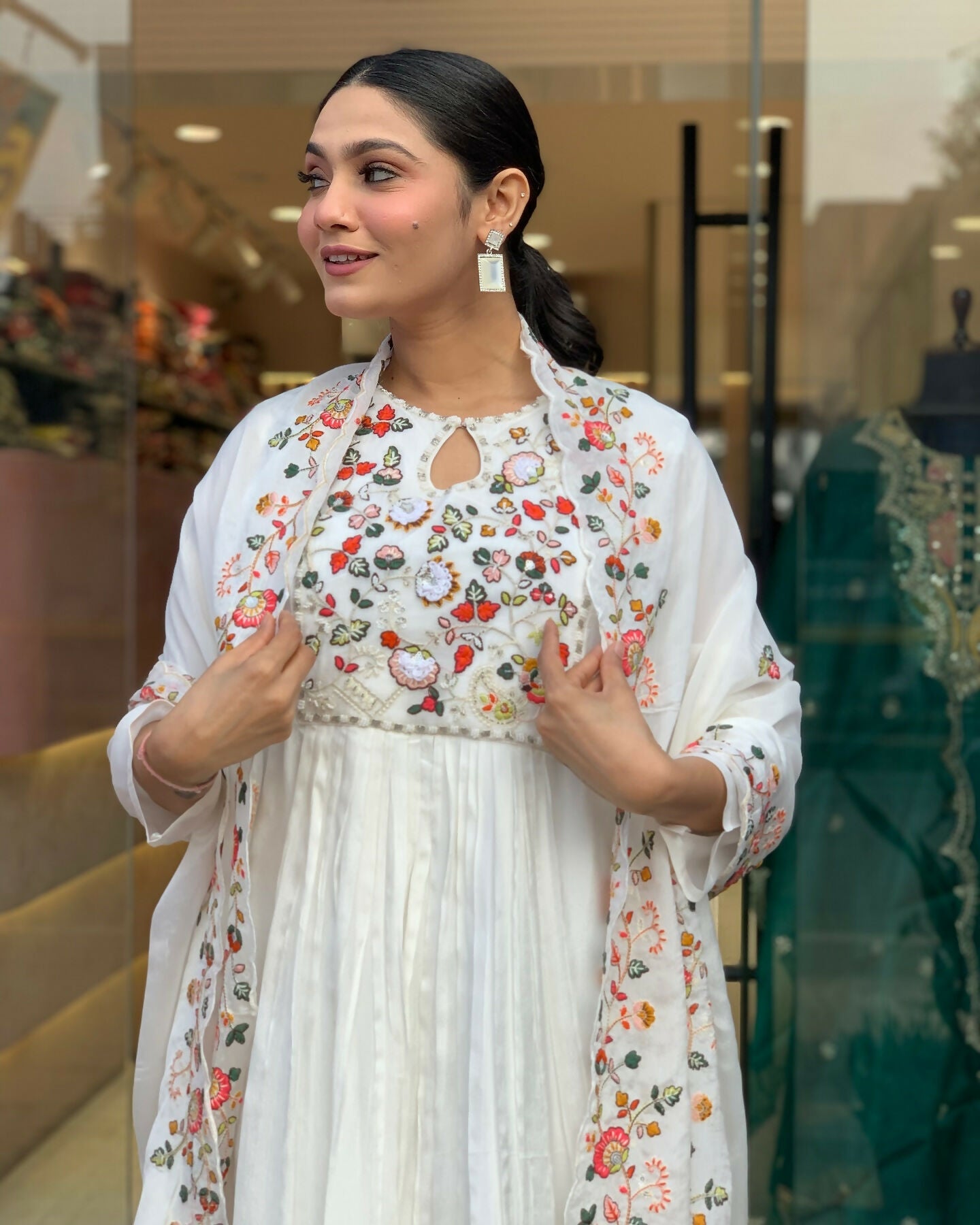 The52 White Women's Gorgeous Embroidered Viscose Chiffon Fabric Pleated Kurta Pant with Dupatta Set - Distacart