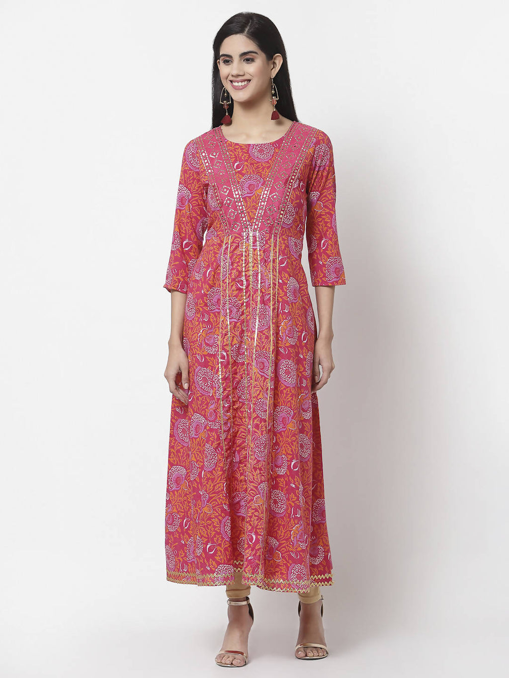 Myshka Women's Pure Red Color Cotton Round Neck Printed 3/4 Sleeve Dress